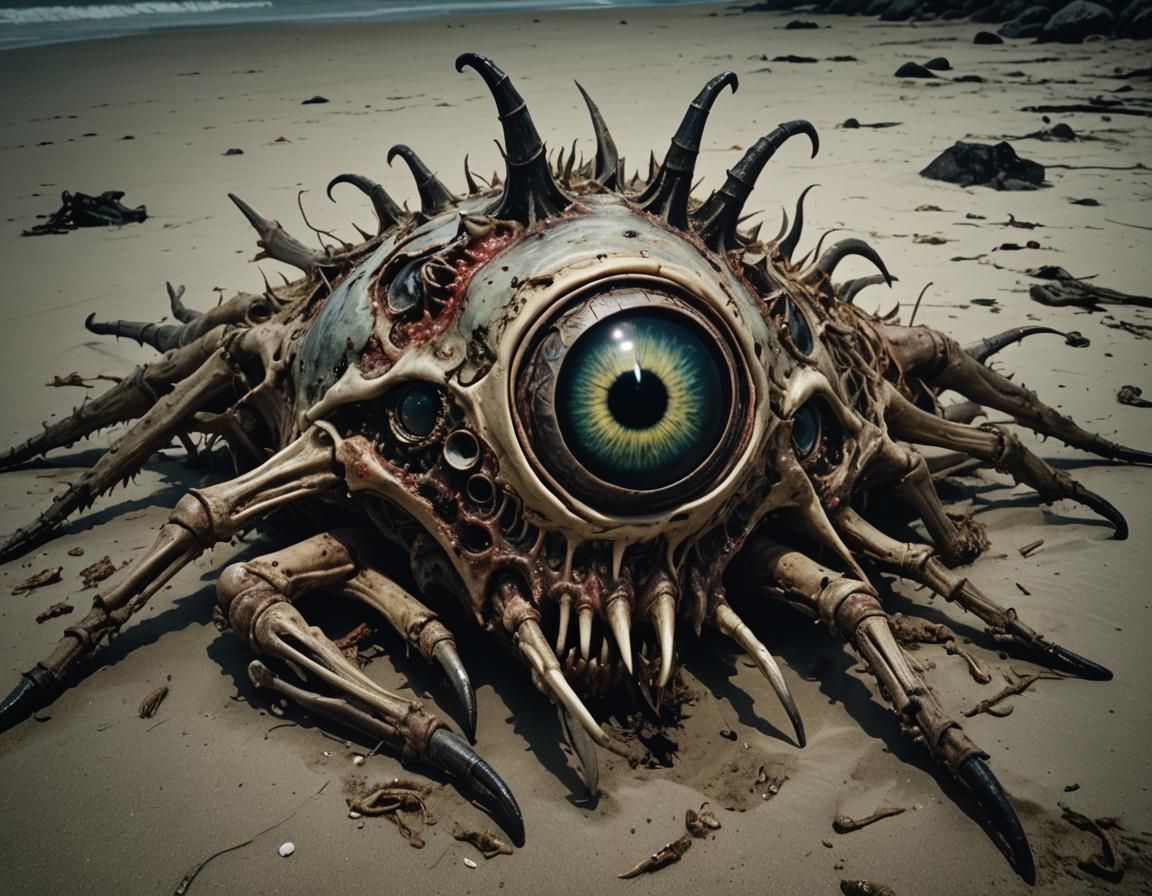 Hyperrealistic Decaying Insectoid Carcass on Beach