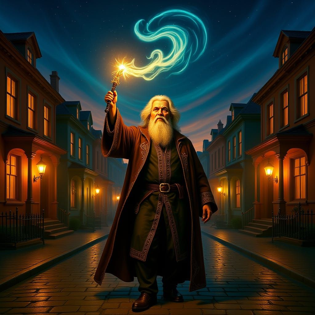 Magician Walks Through Victorian Streets at Night