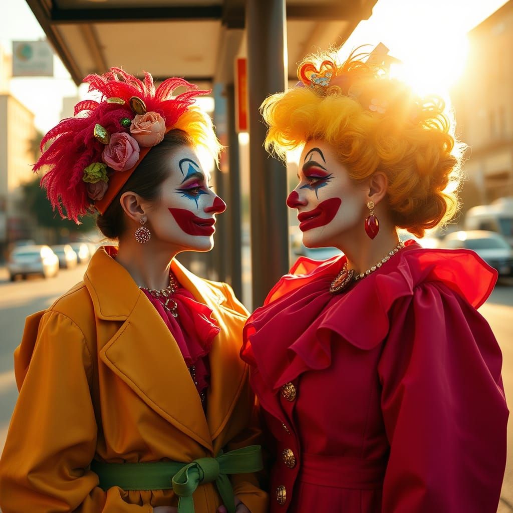 Clowns in Gem-Studded Makeup at Bus Stop