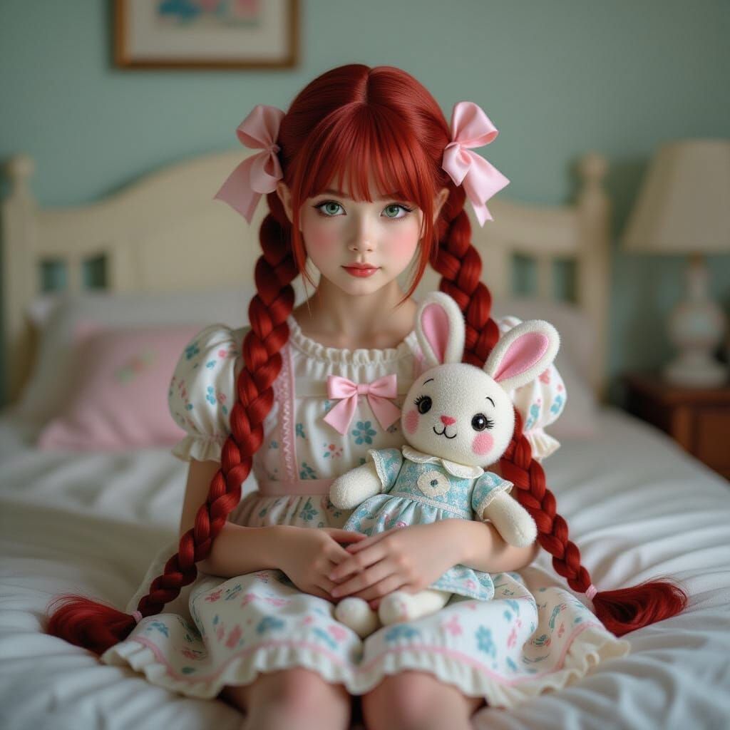 Japanese Girl Holds Rabbit Doll in Dreamy Bedroom