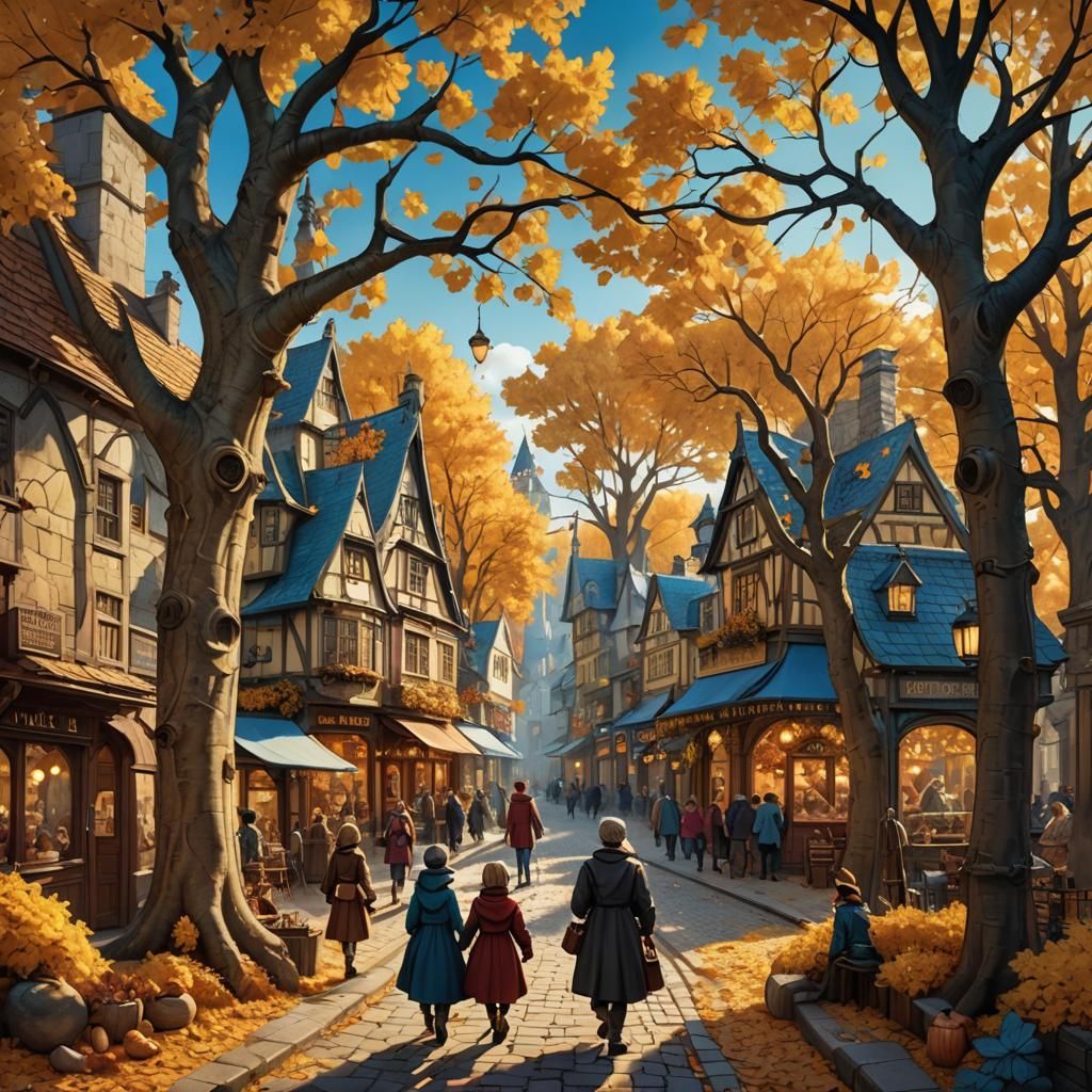 Charming Autumn Town in Storybook Illustration Style