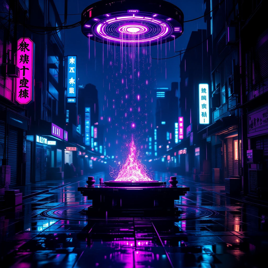Cyberpunk Ritual Altar with Purple Lights and Portal