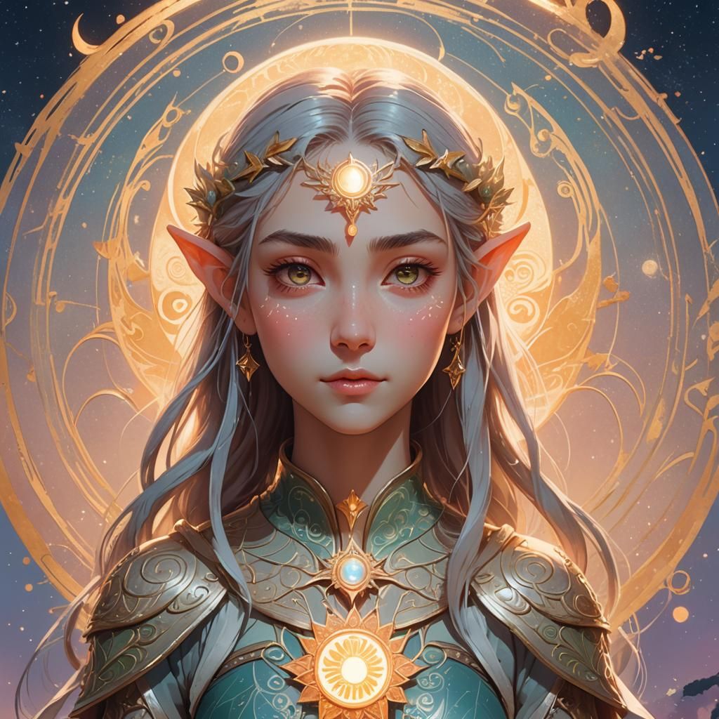 Ethereal Elf Portrait with Moon and Sun Symbols