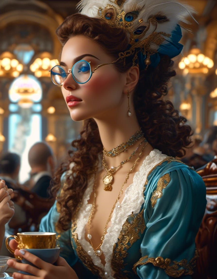 Gorgeous Woman in Cafe, Rococo Hyperdetailed Art