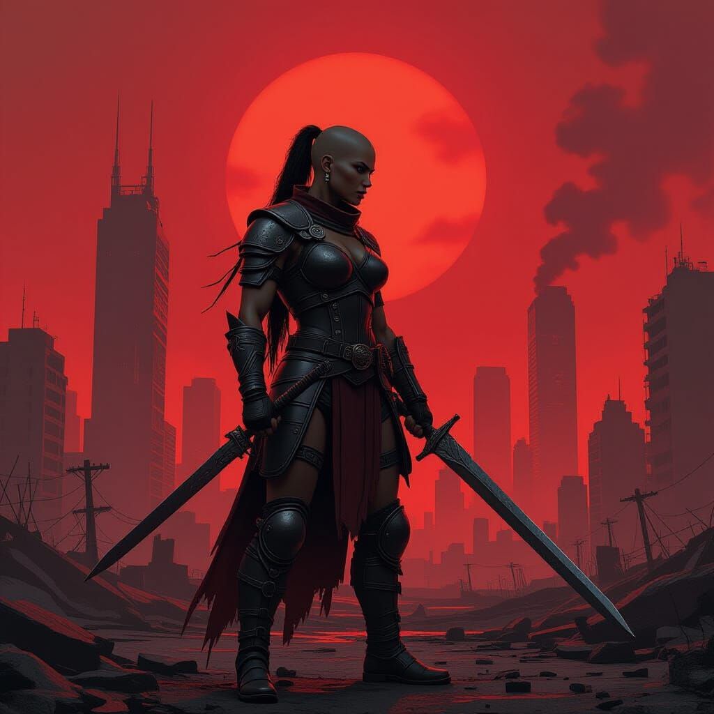 Post-Apocalyptic Amazon Warrior in Dystopian Cityscape