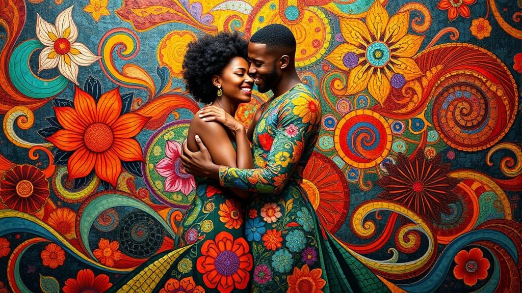 Ecstatic Couple Embracing in Vibrant, Organic Patterns