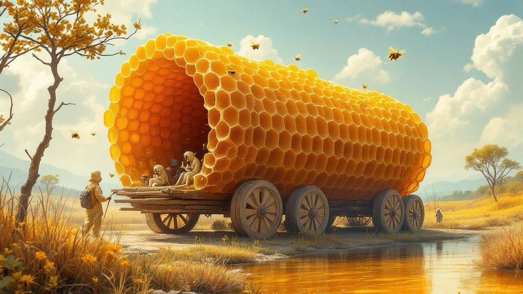 Surreal Honeycomb Wagon Glides Down Golden Nectar River