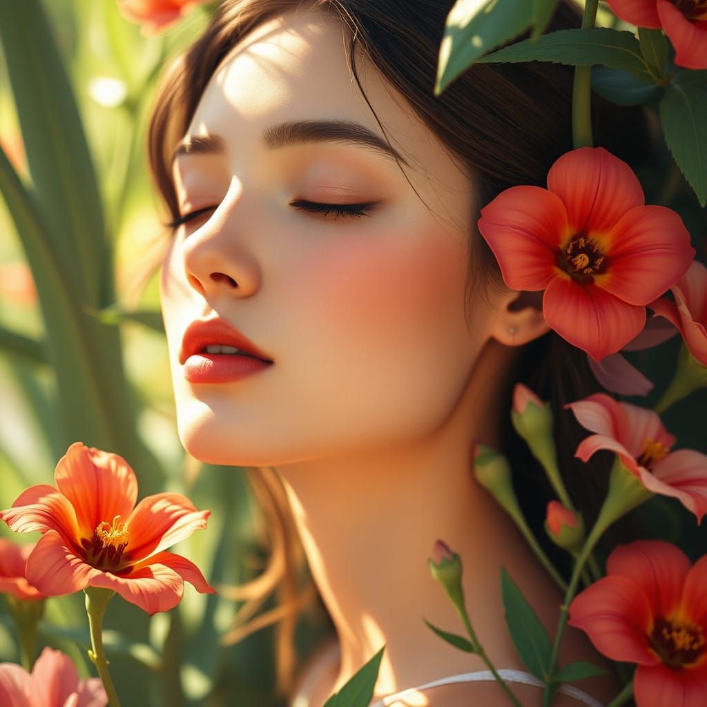 Dreamy Serene Woman in Vibrant Floral Landscape