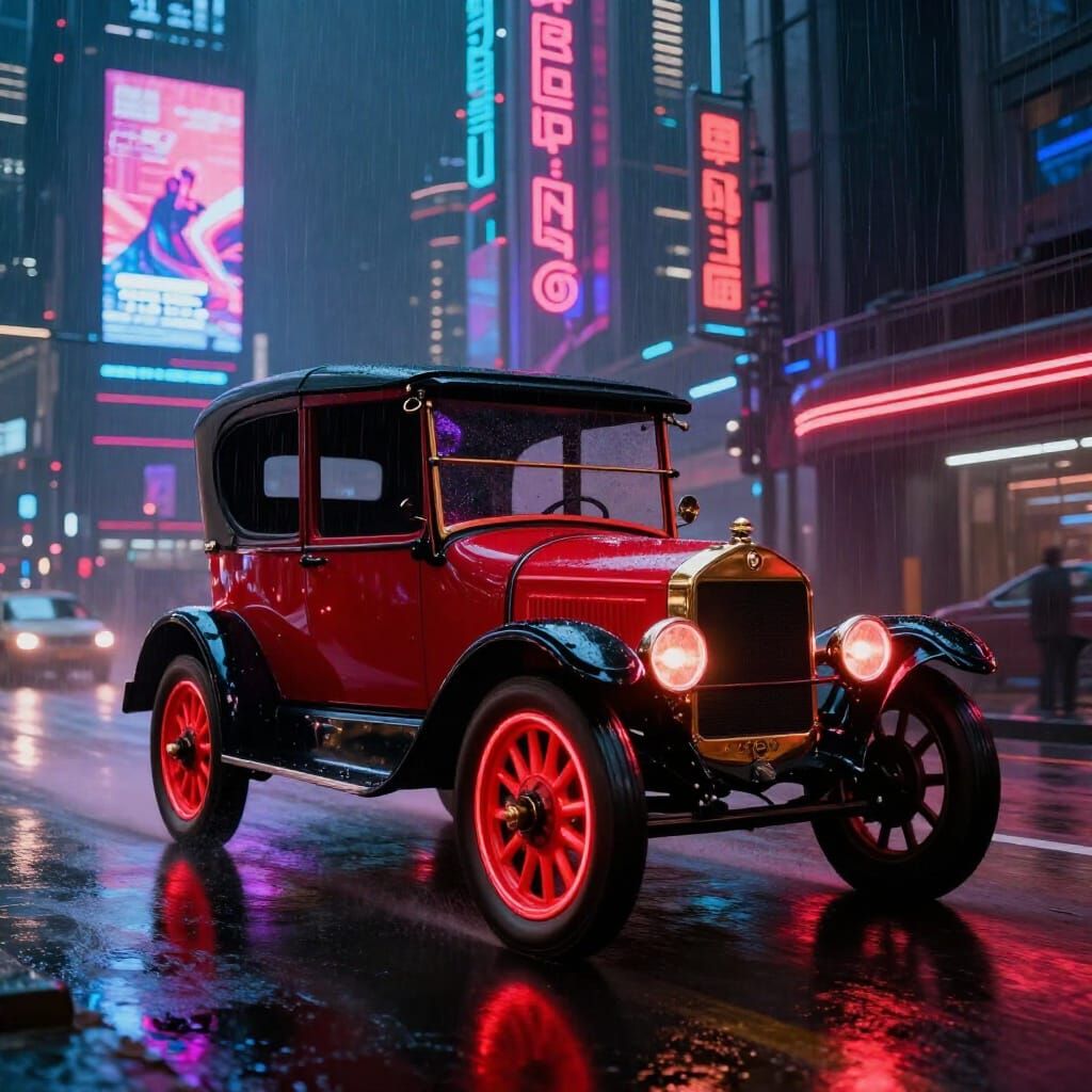Model T Ford Cruises Neon Cyberpunk Cityscape