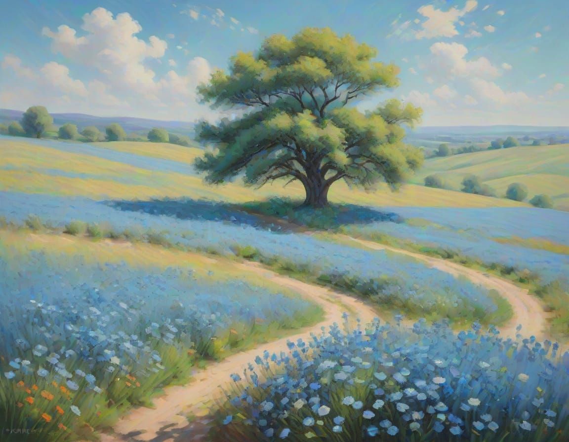 Impressionist Landscape with Blue Flowers and Rolling Hills