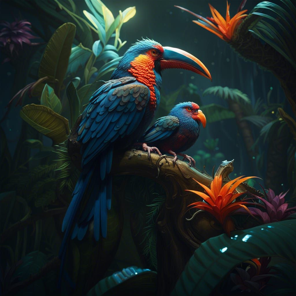 Tropical Birds in Dark Fantasy Style