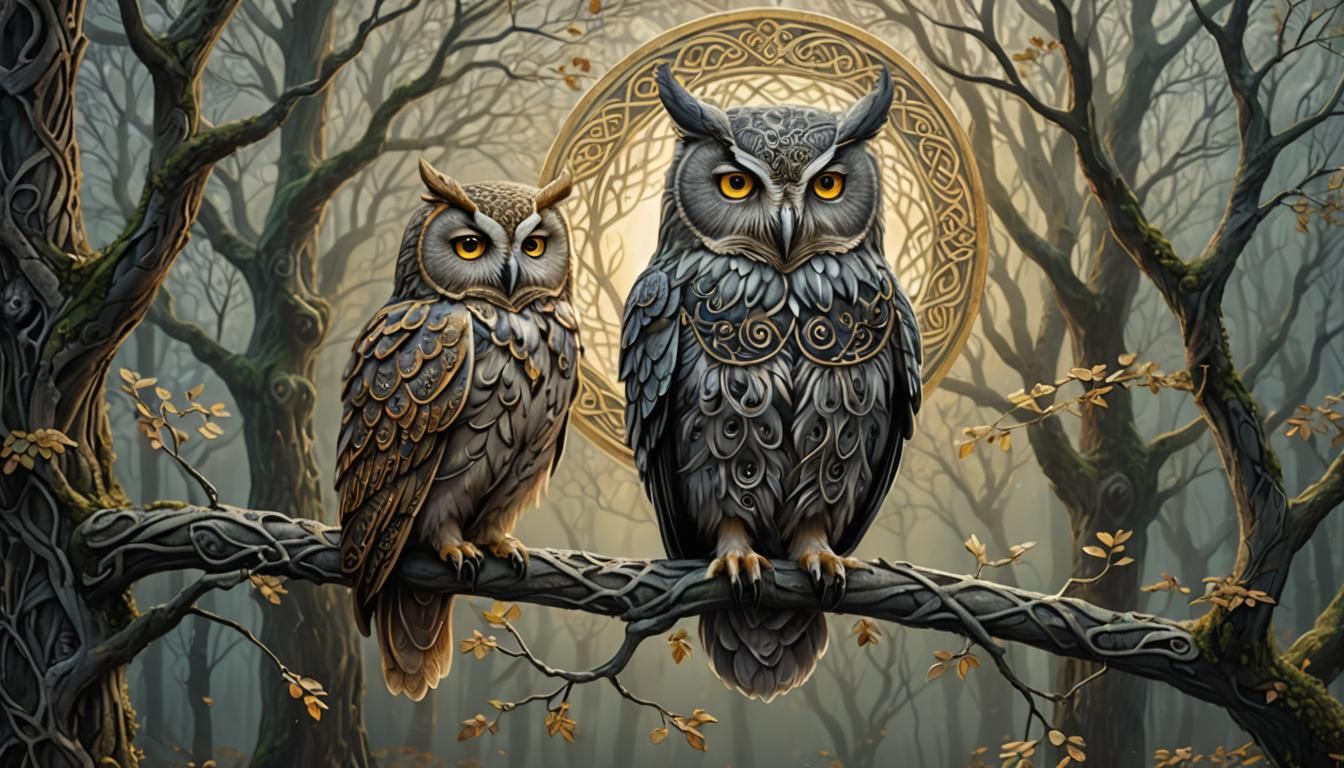 Owl in Misty Forest with Celtic Knot Art