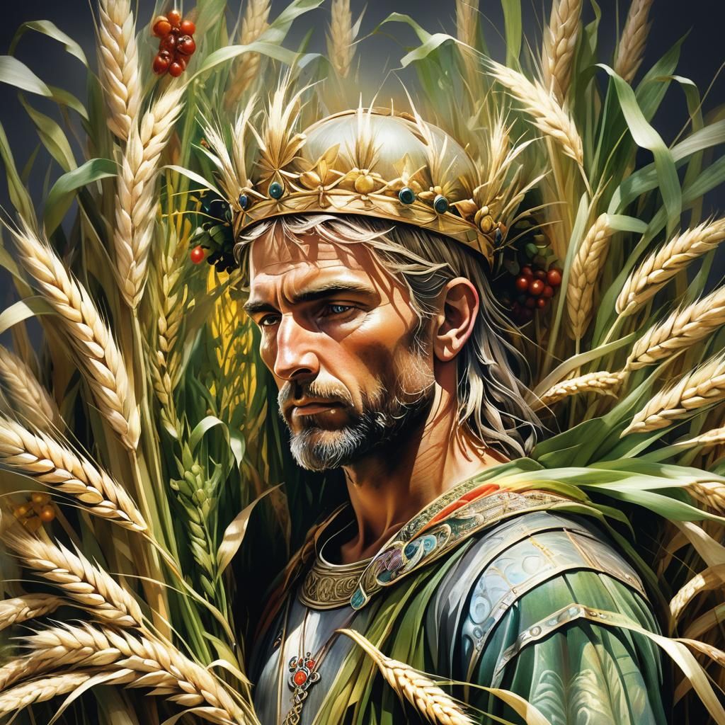 Barley King Portrait Surrounded by Harvest Offerings