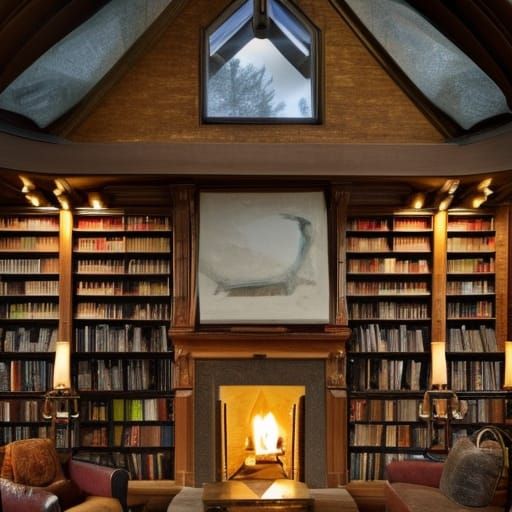 Cozy Library Interior with Roaring Fireplace