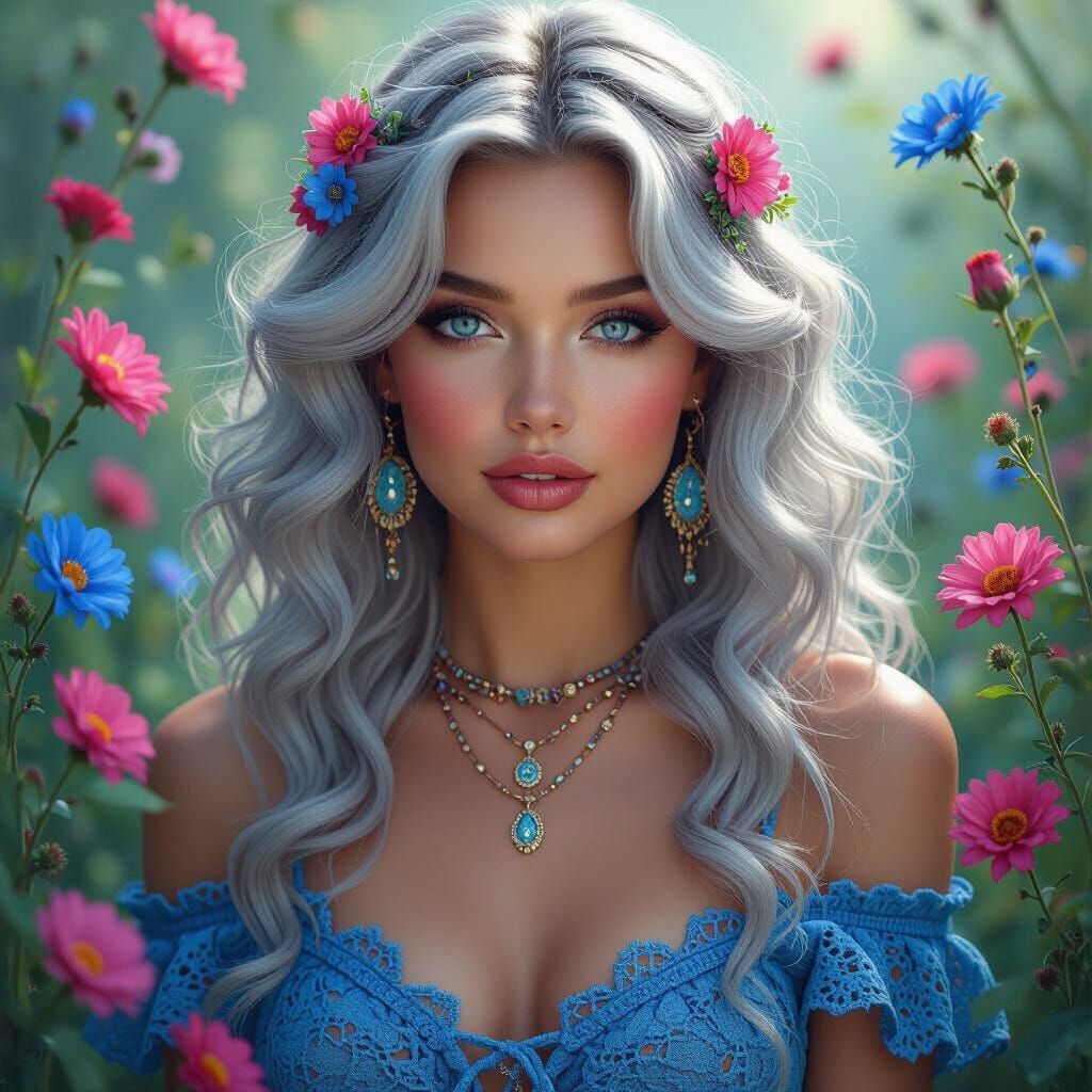 Image of a woman, voluminous, silver wavy hair, jewelry, bright blue eyes, blue eyeshadow, confident expression many dee...