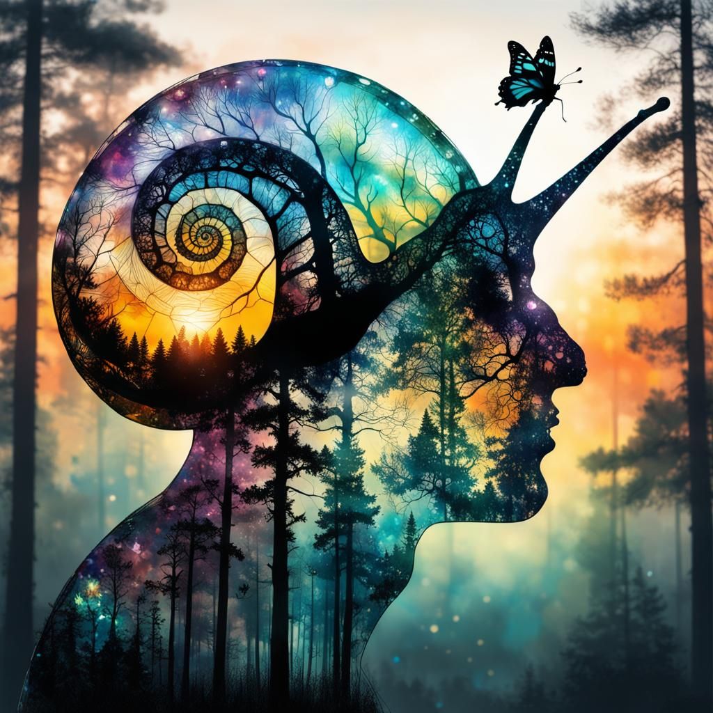 Crystal Snail Silhouette with Psychedelic Sunset