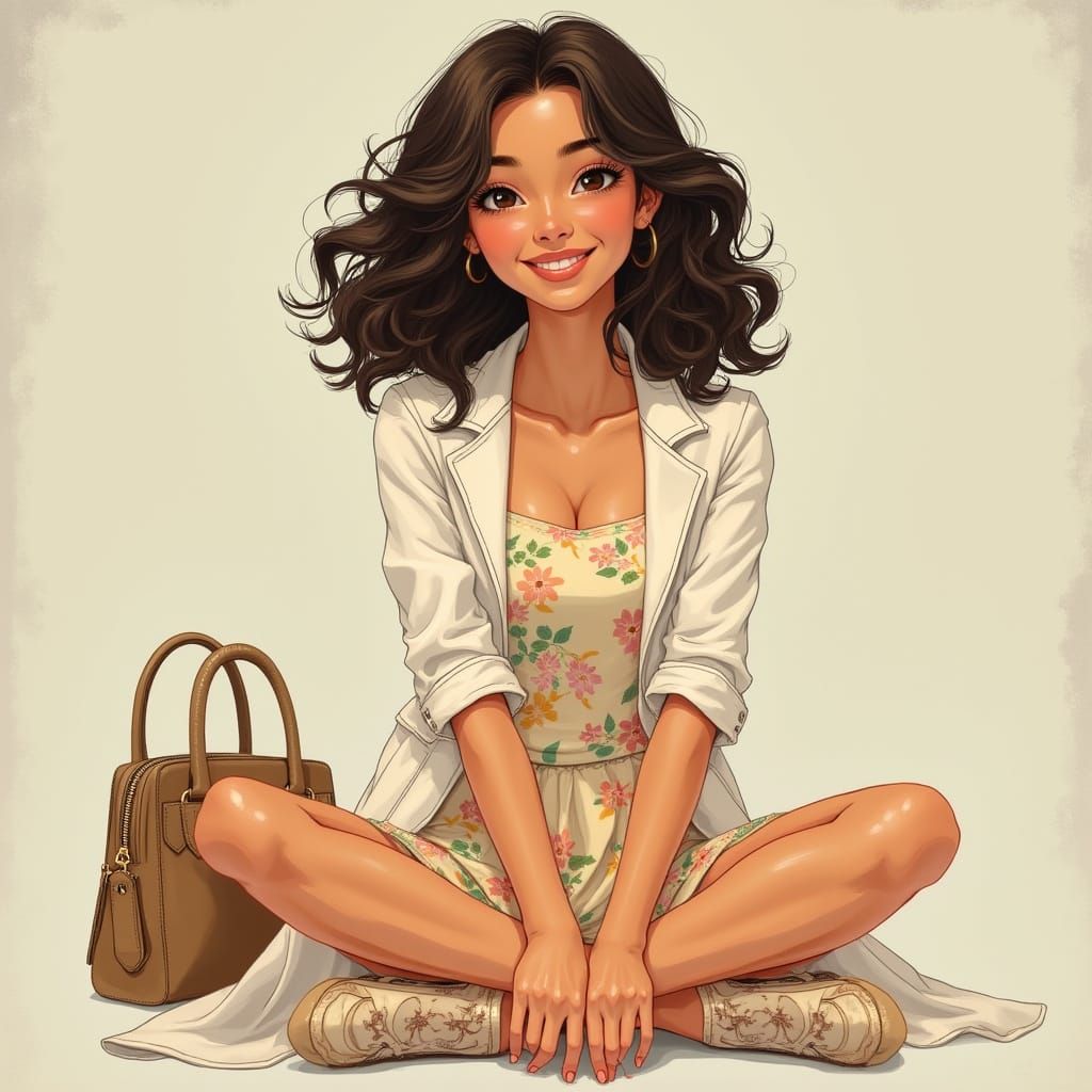 Brunette in Floral Dress: Alphonse Mucha-Inspired Art