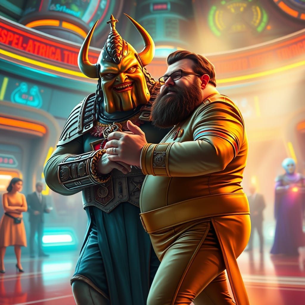 Klingon and Starfleet Officer Dancing in Futuristic Scene