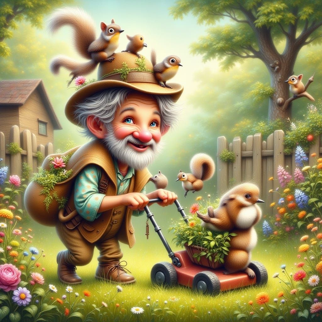 Whimsical Gardener in a Fantastical Landscape