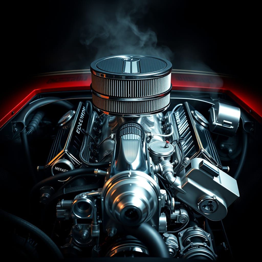 Detailed Classic Muscle Car Engine in Cinematic Lighting