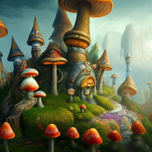 Mushroom Castle Fairytale: Detailed Fantasy Art
