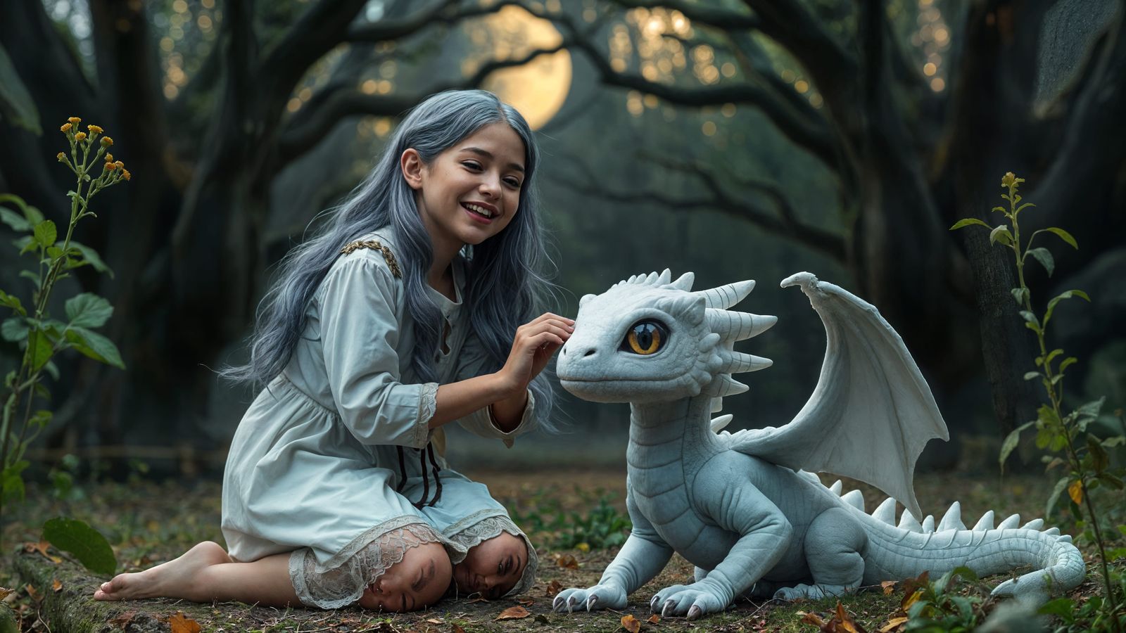 Girl and Dragon in Moonlit Forest