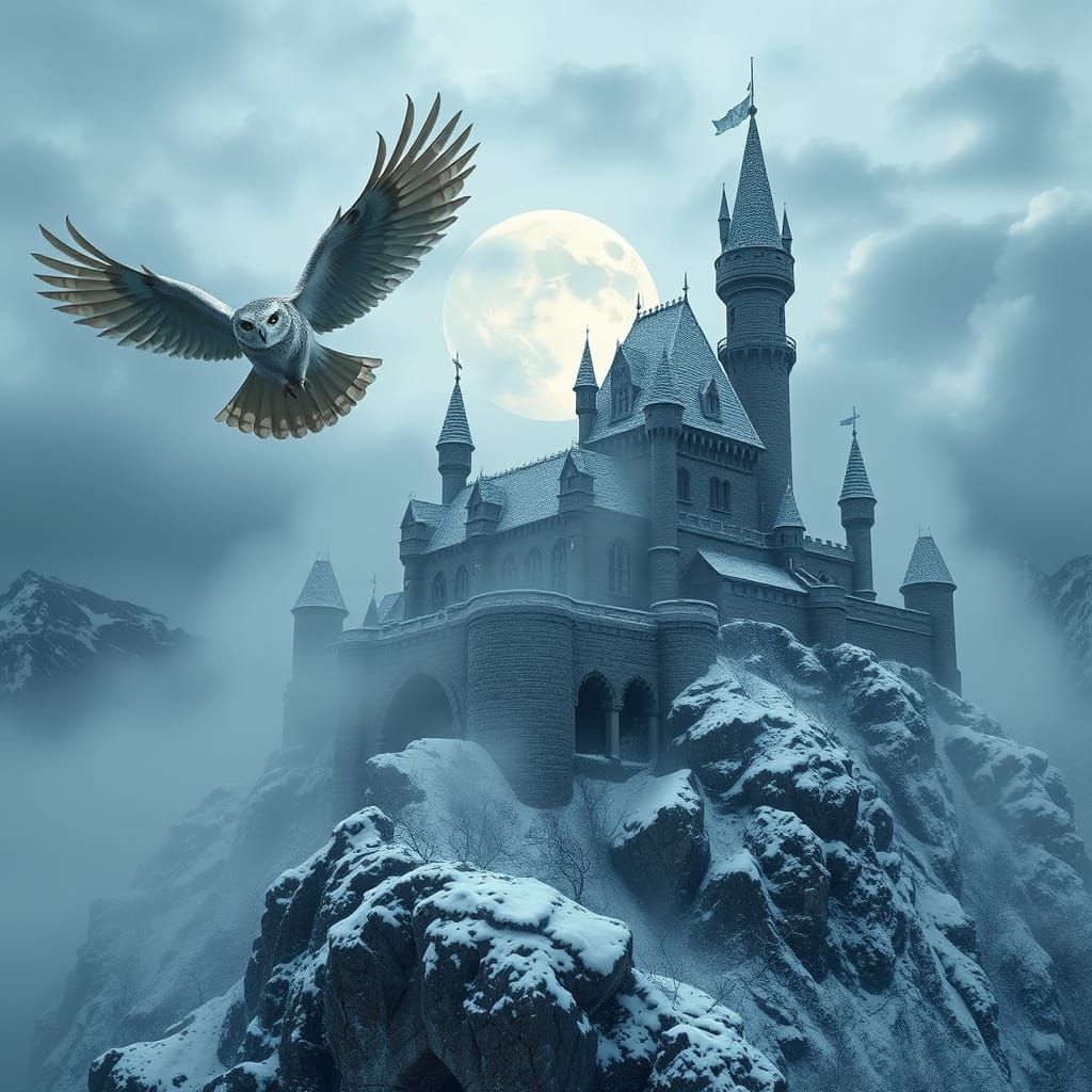 Majestic Winter Castle on Mountain Peak