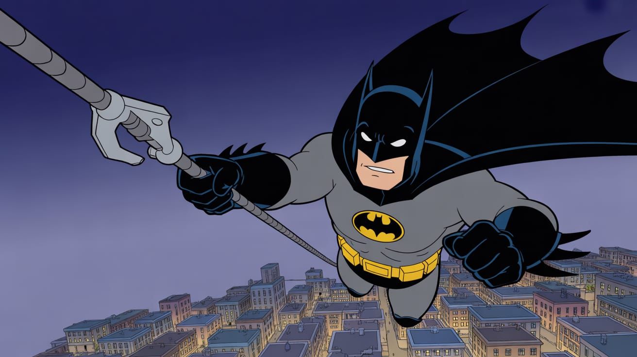 A cartoon-style Batman soars through the night sky