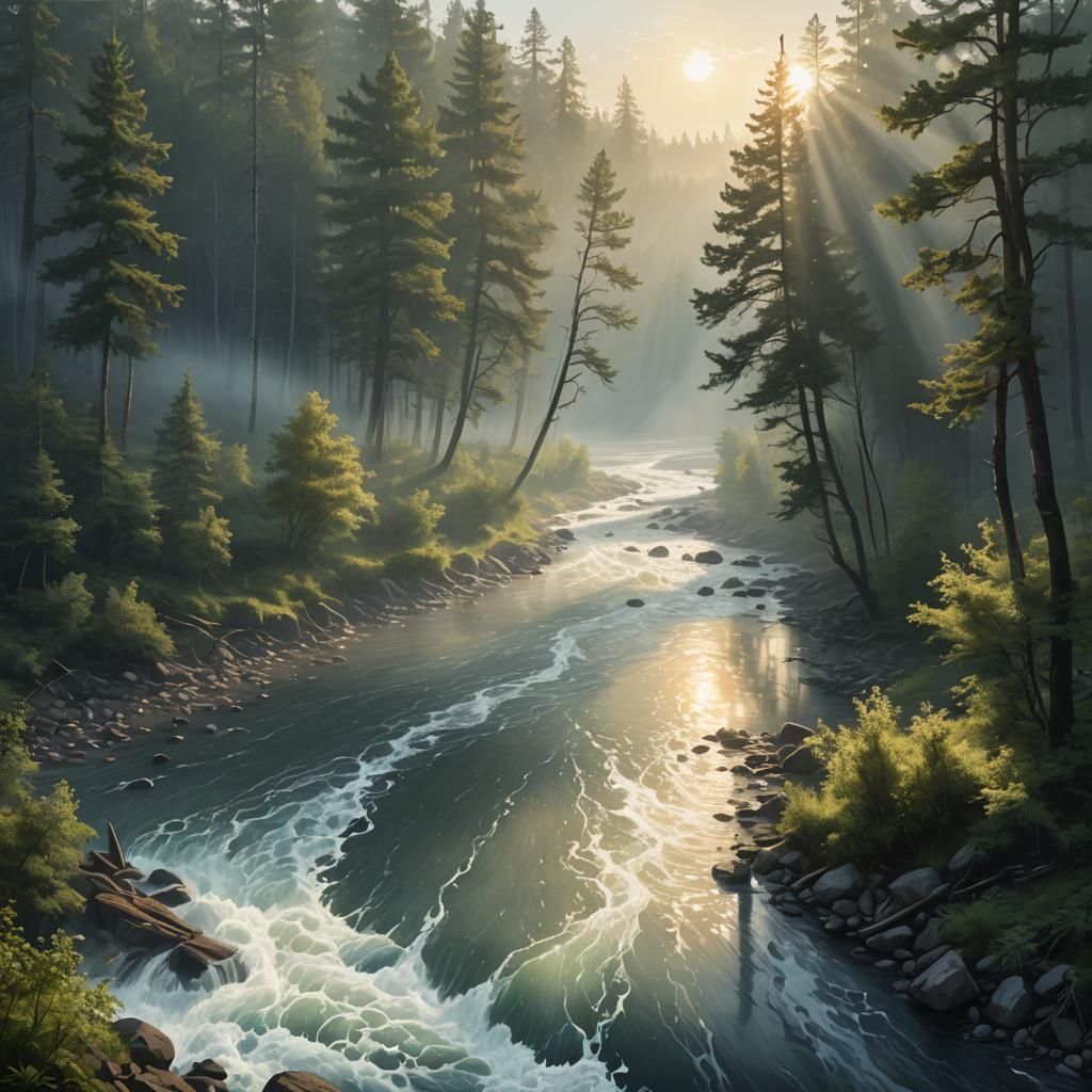 Hyperrealistic River Through Forest at Sunrise
