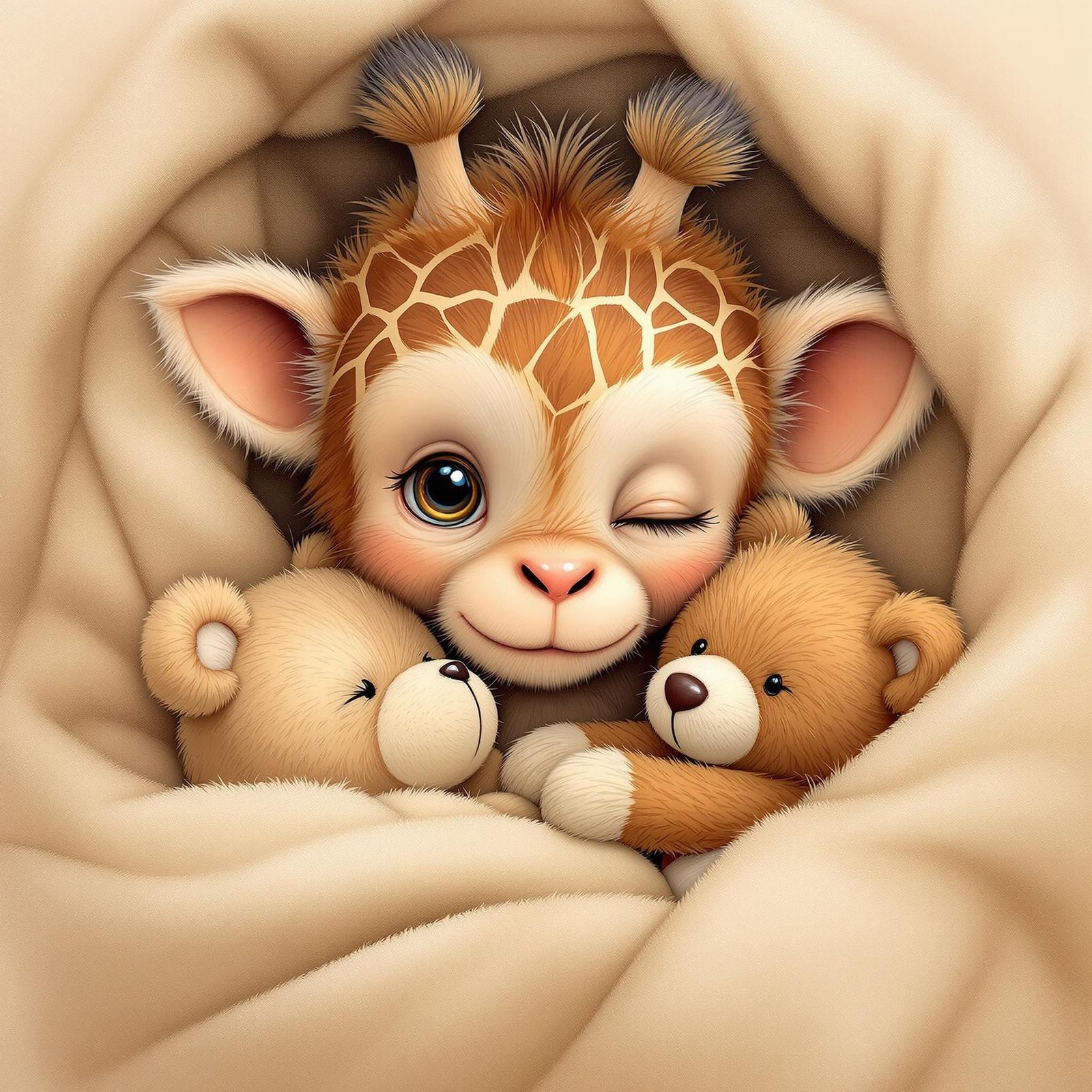 Heartwarming Digital Painting of Baby Giraffe and Teddy Bear