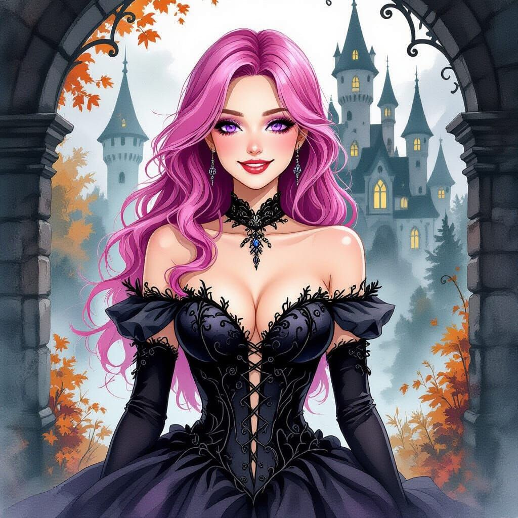 Pink-Haired Woman in Creepy Castle, Watercolor Style