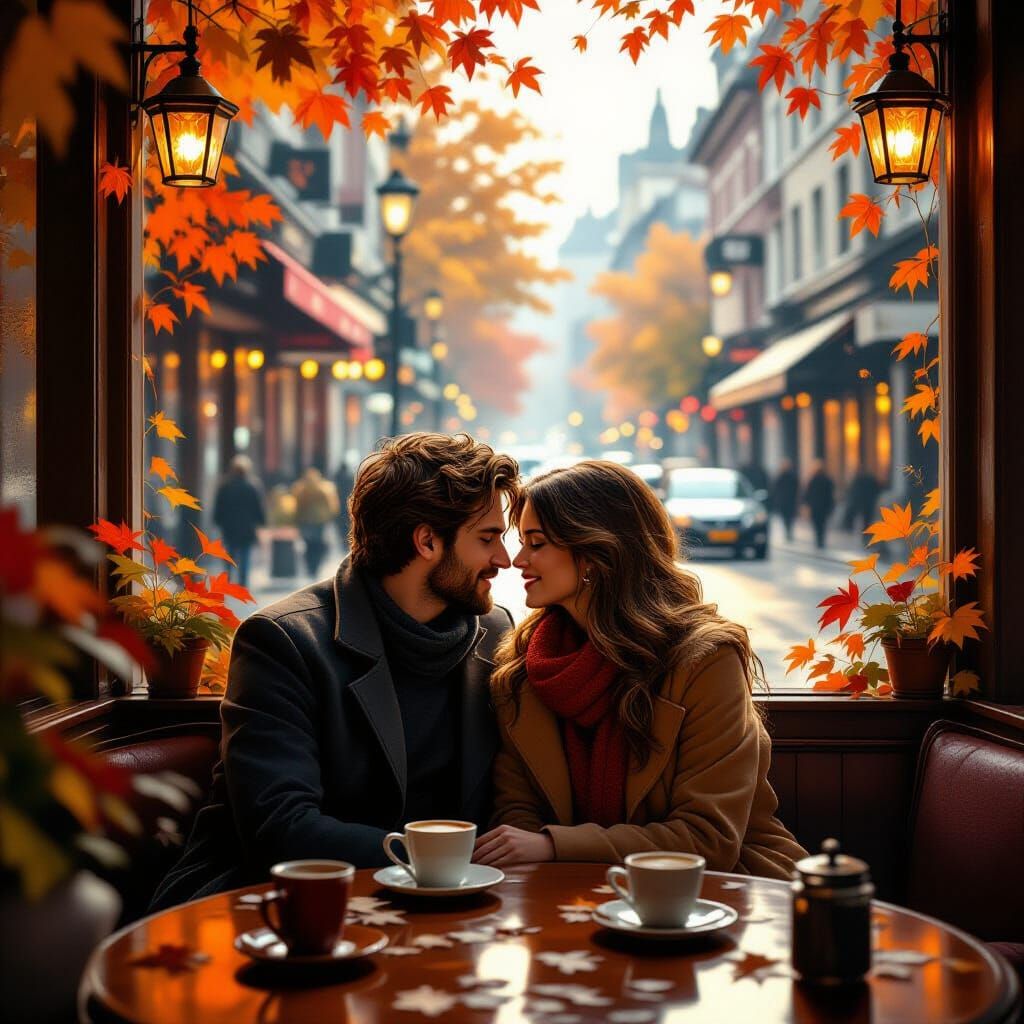 Romantic Autumn Cafe Scene in Hyperrealistic Style