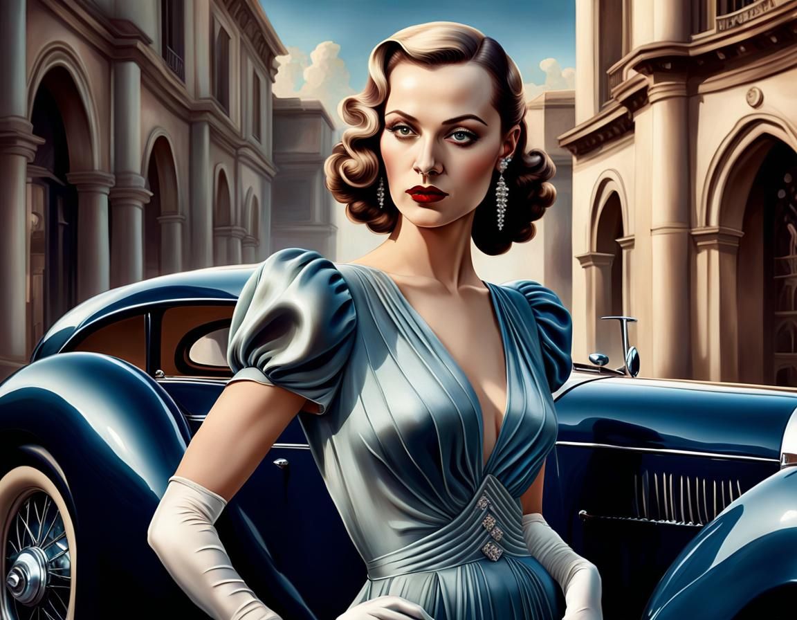 Woman in Gown with Bugatti, Art Deco Style