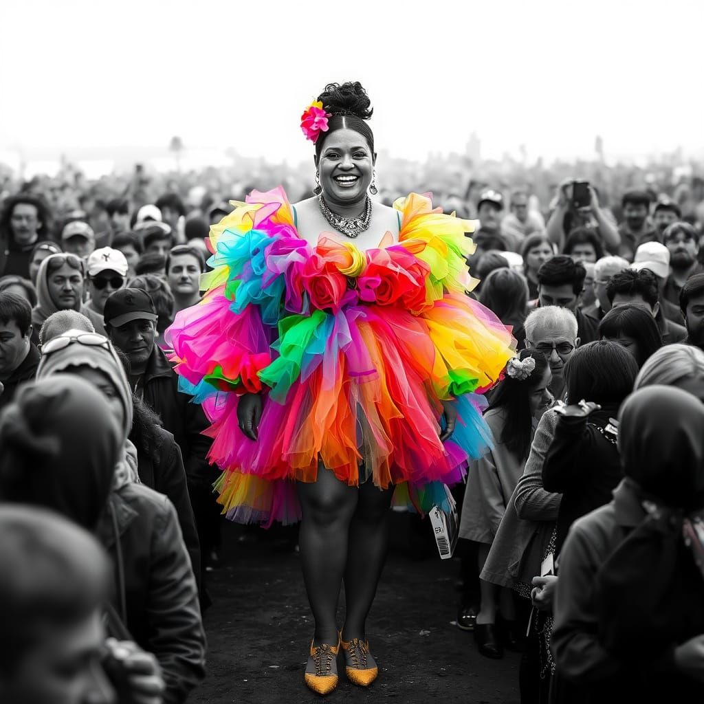 Confident Woman Shines in Vibrant Ensemble Amidst Monochroma...