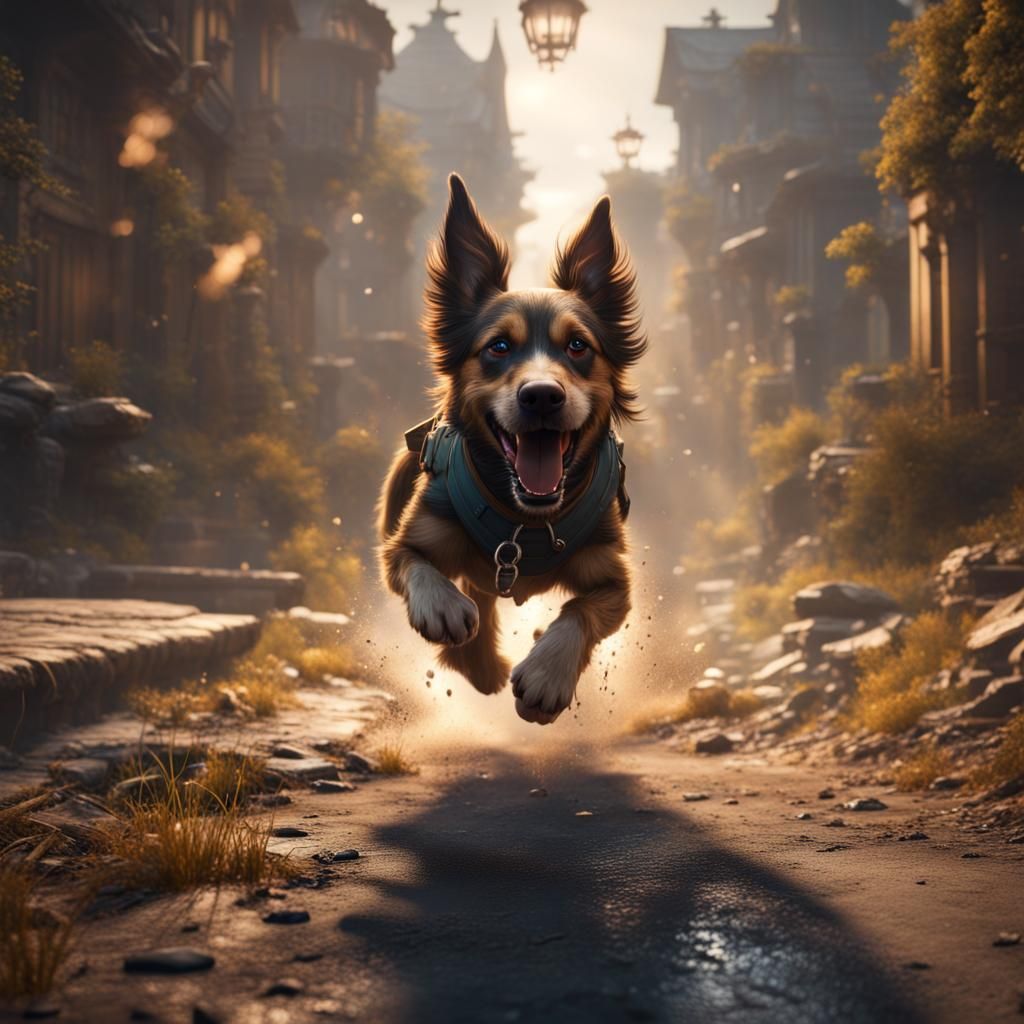 Happy Dog Running: Detailed Fantasy Art