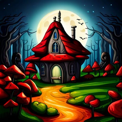 Glowing Mushroom Garden Cottage in Gothic Oil Painting