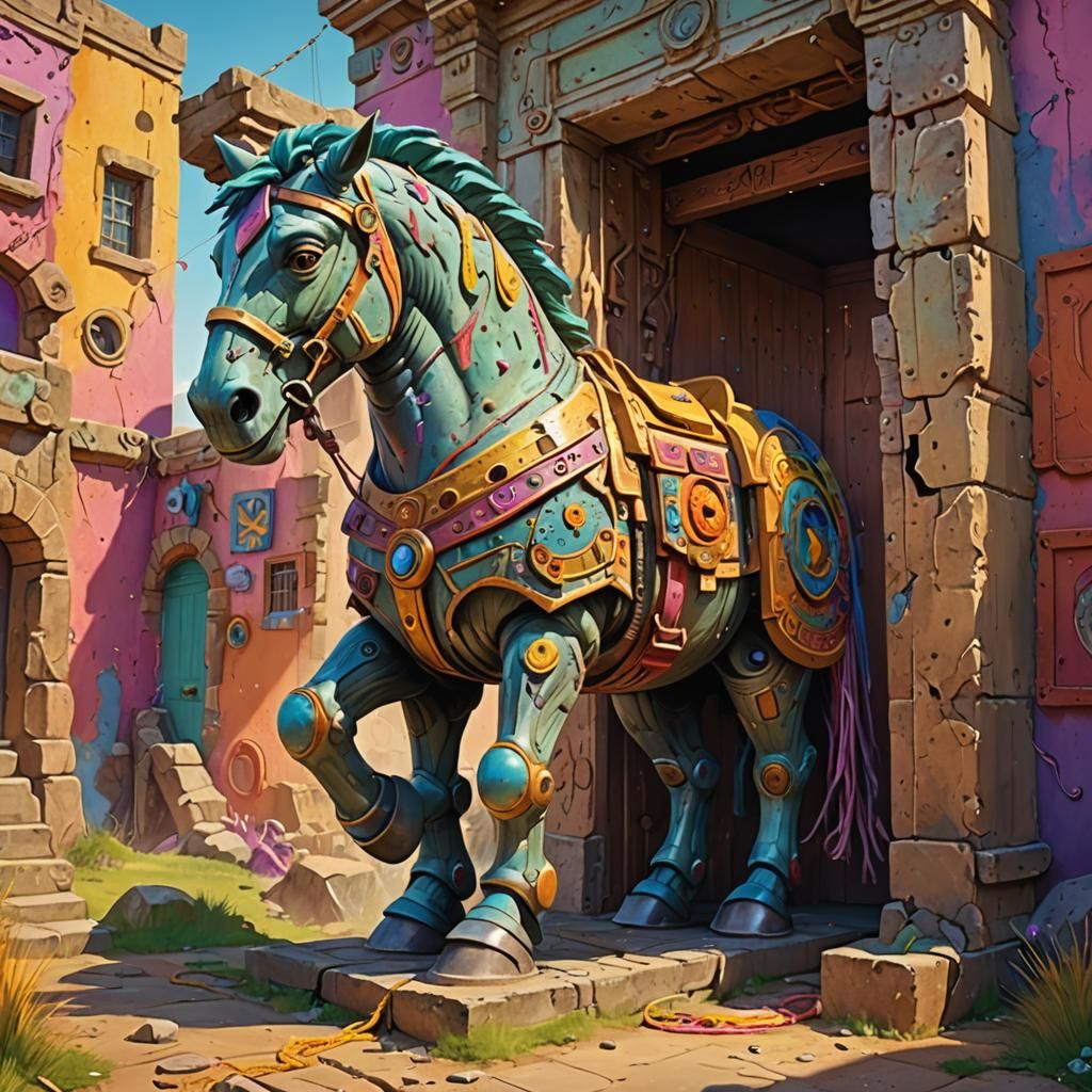 Teletubbies Exit Trojan Horse in Hyperrealistic Concept Art