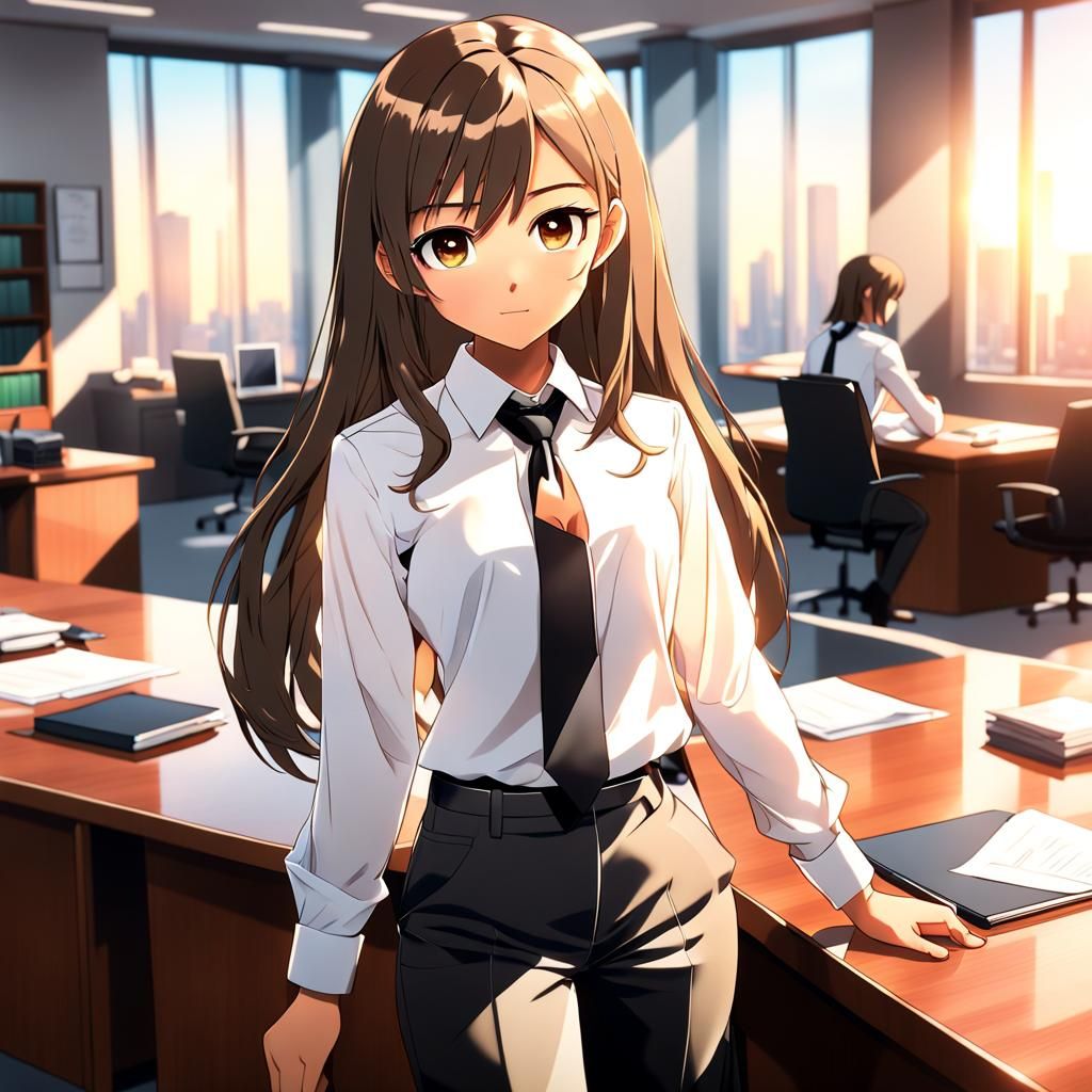 Anime Secretary in Office with Cinematic Lighting