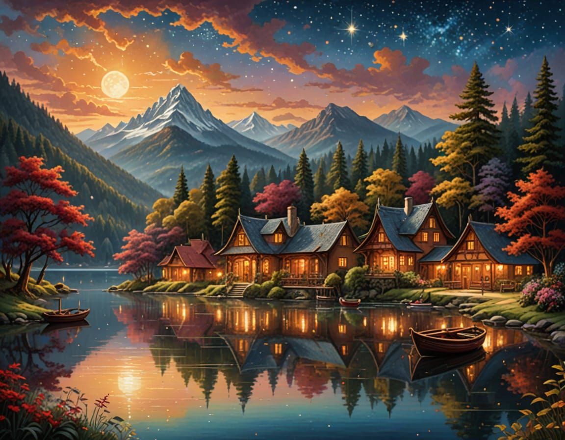 Dreamy Night Lake Reflecting Starry Sky in Digital Painting ...