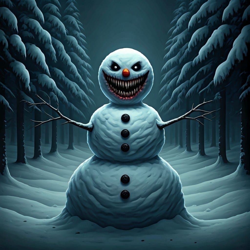 Gothic Horror Snowman Creeps in Dark Winter