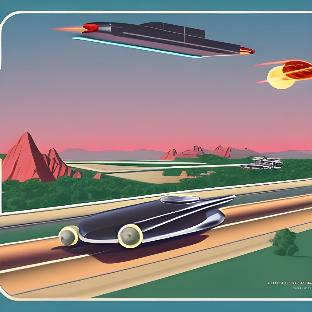 Retrofuturistic 1950s Flying Car Sci-Fi Illustration