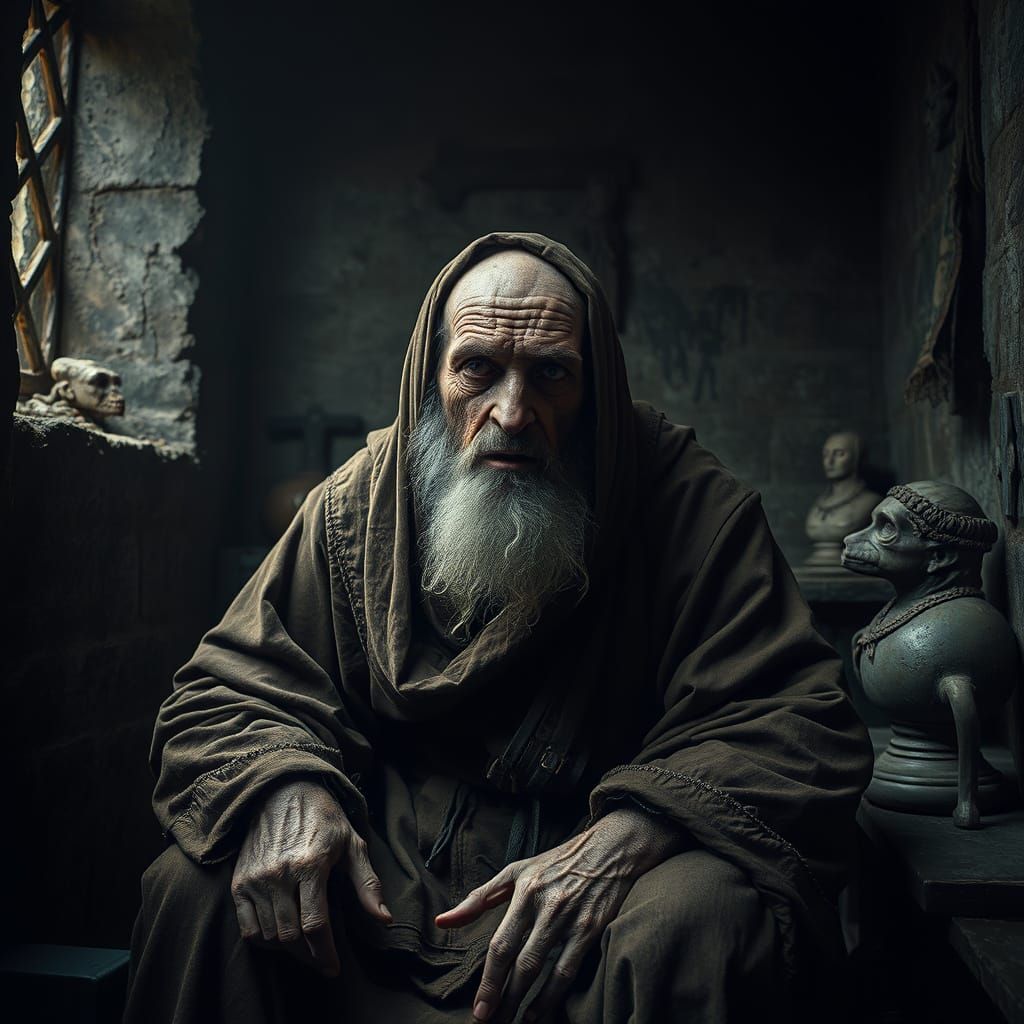 Decrepit Monk in Dimly Lit Monastery Room