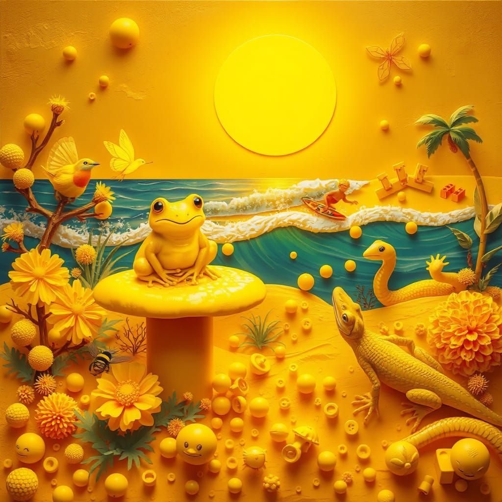 Yellow Whimsical Scene with Yellow Creatures and Objects