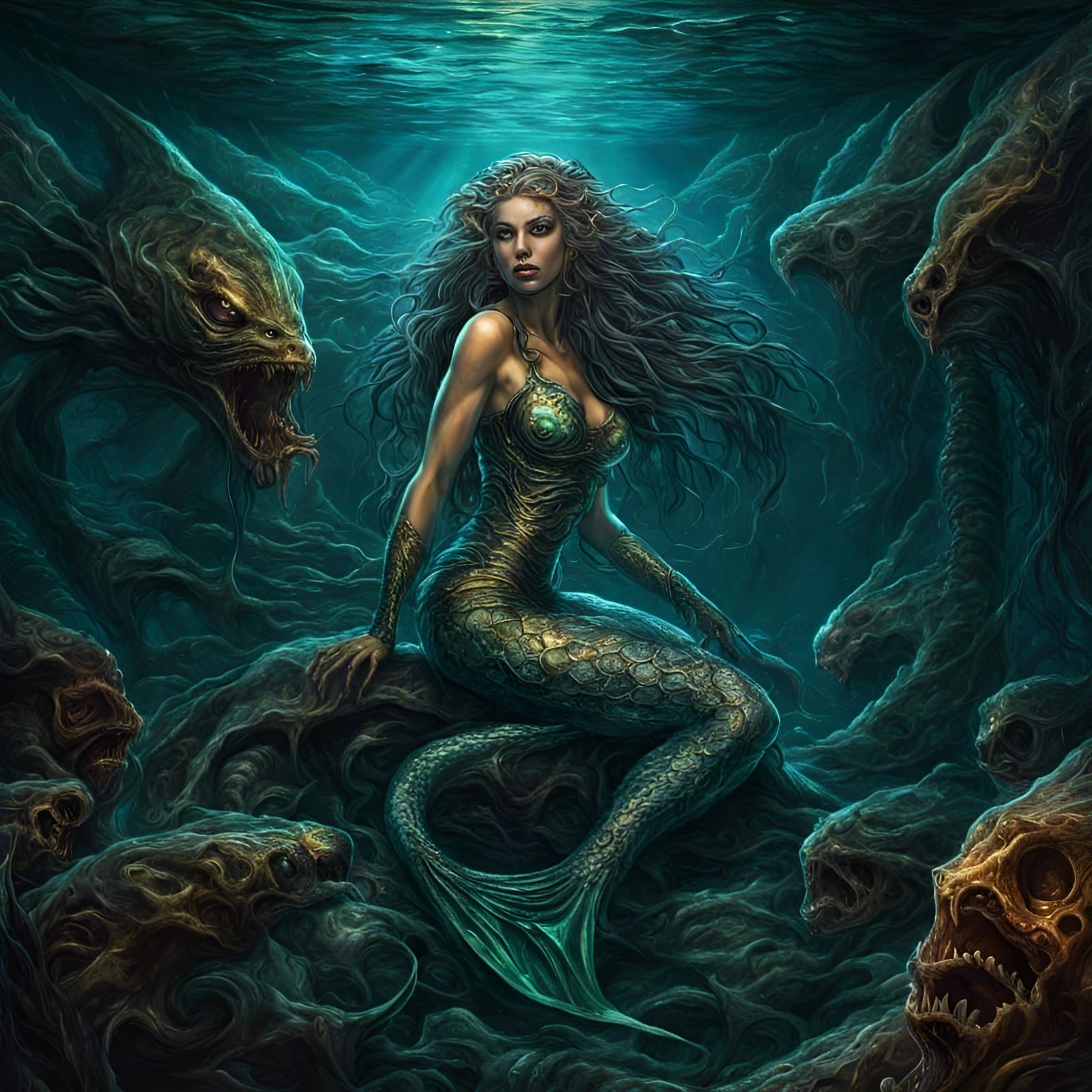 Menacing Mermaid Lair in Dark Fantasy Style
