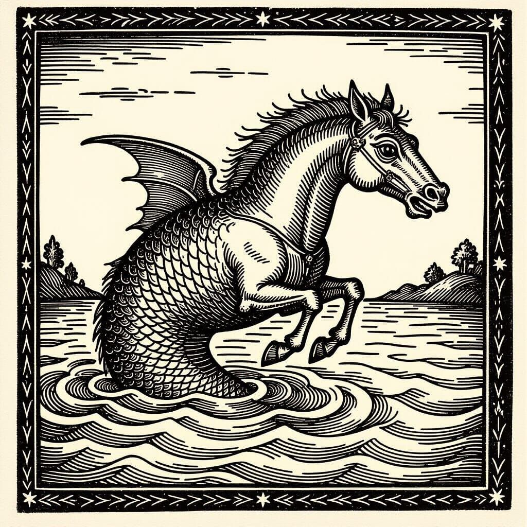Medieval Woodcut: Horse-Fish Creature Emerges from River