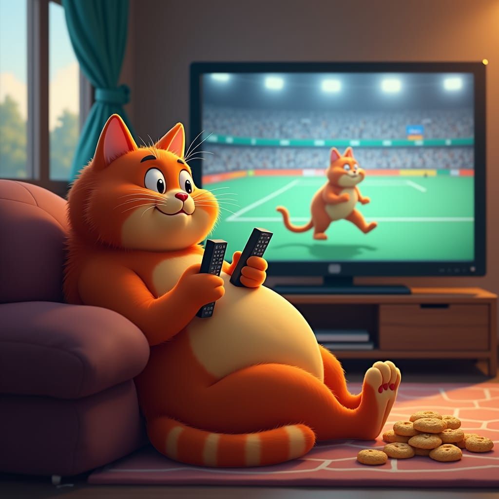 Cartoon Red Cat Watches TV with Remotes