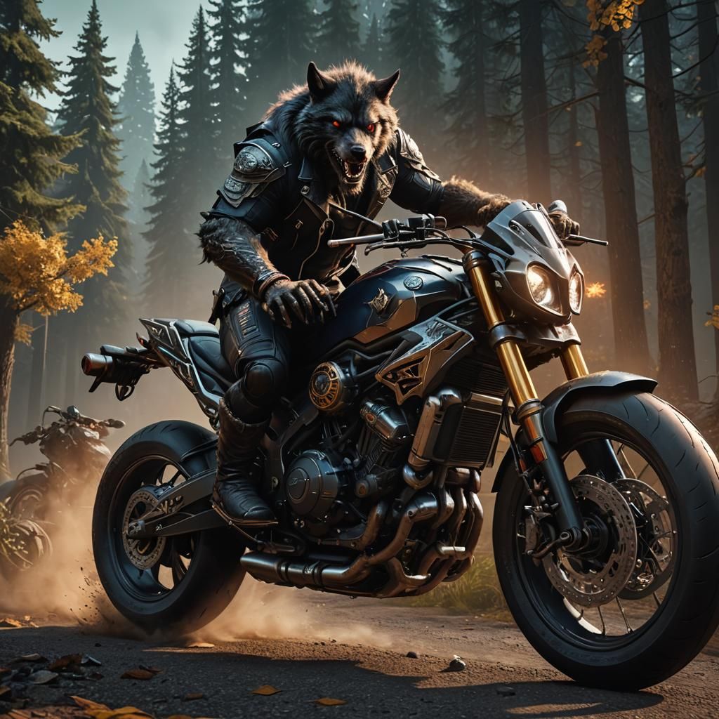 Werewolf Biker on Sport Bike: Detailed Matte Painting