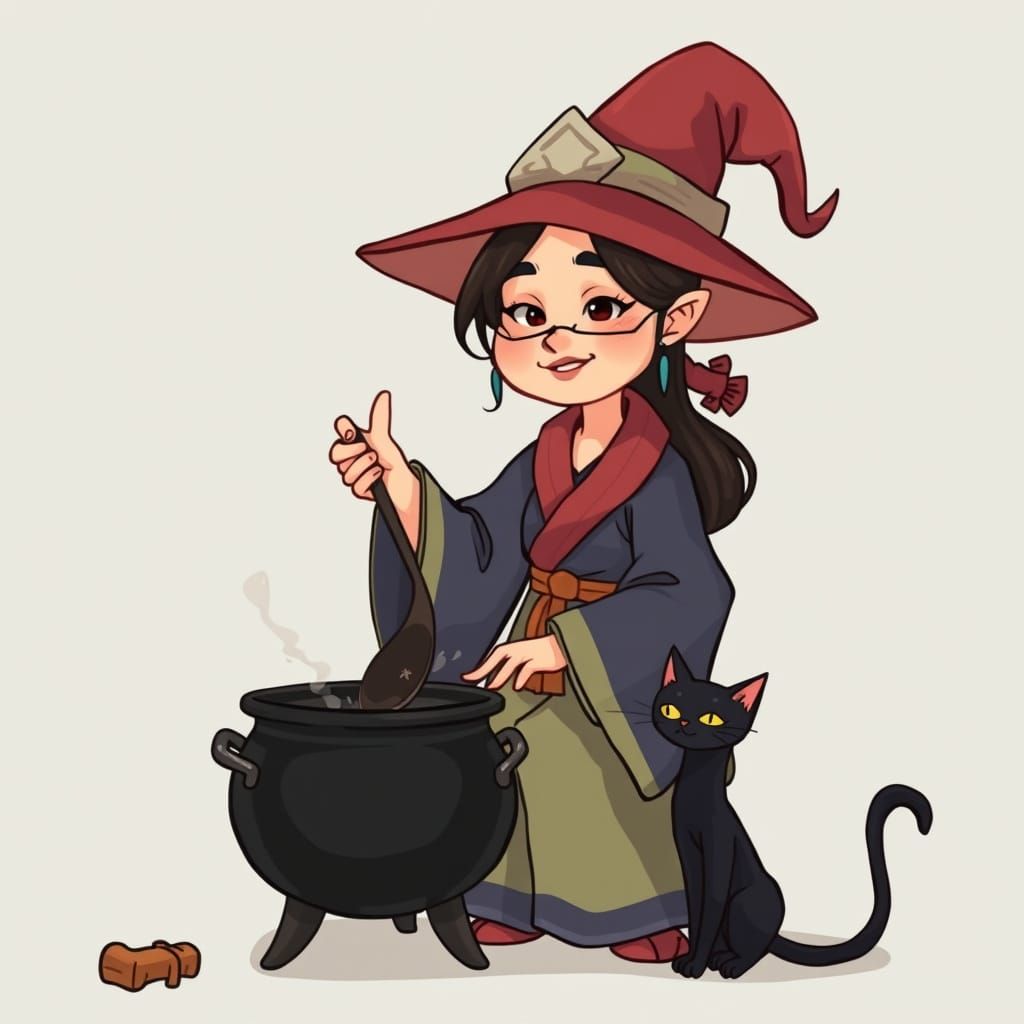 Asian Witch Stirring Cauldron with Black Cat, Cartoon Style