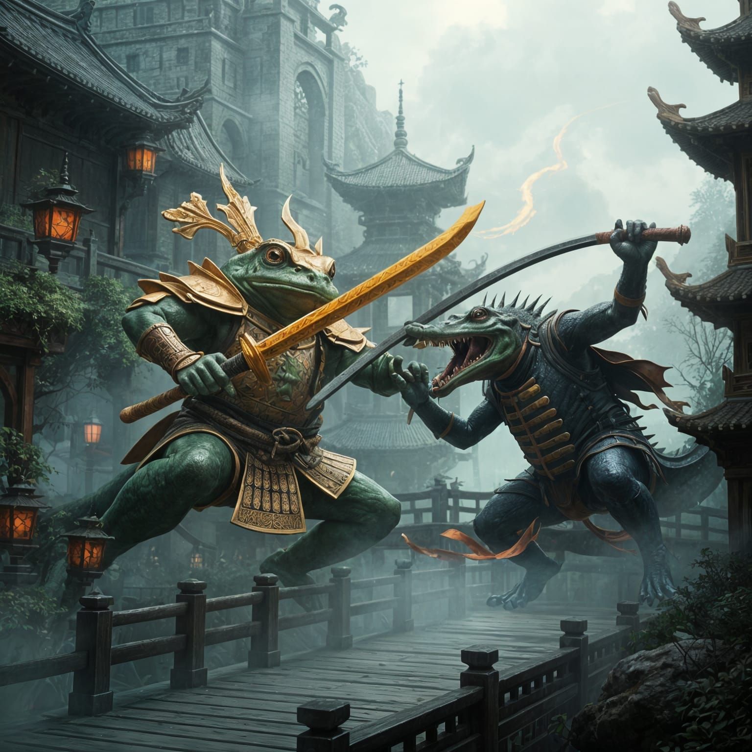 Epic Samurai Frog Battles Majestic Asian Fantasy Crocodile