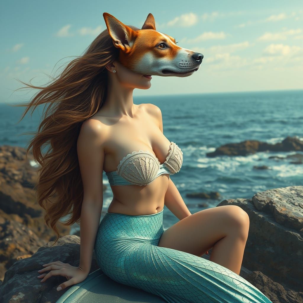 Surreal Mermaid with Dog Head, Dreamlike Art